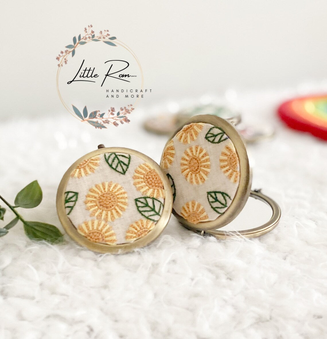 Cute Vintage Embroidered Floral Compact Mirrors | Sun Flower and Daisy Collection