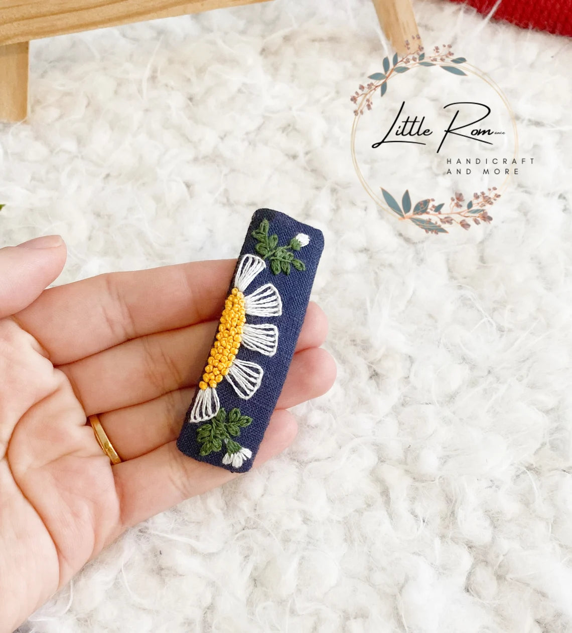 Hand-embroidered Rectangular Hair Clip | Strawberry and Daisy