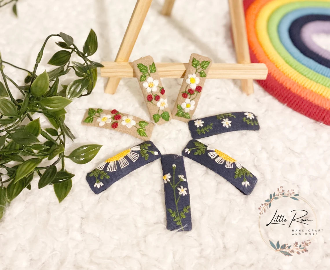 Hand-embroidered Rectangular Hair Clip | Strawberry and Daisy