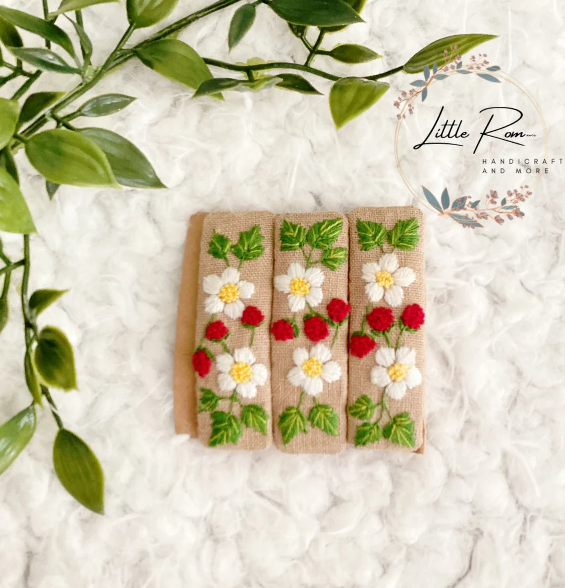 Hand-embroidered Rectangular Hair Clip | Strawberry and Daisy