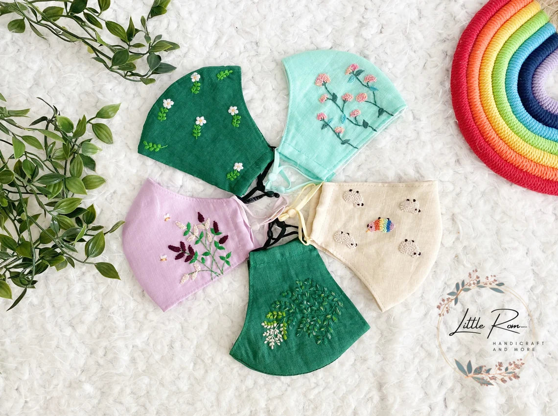 3 Layered Washable Premium Quality Face Masks with Filters Pocket, and Adjustable Elastics | Leaves, White Flower, Mint, Purple, Pride, Rabbits Pattern