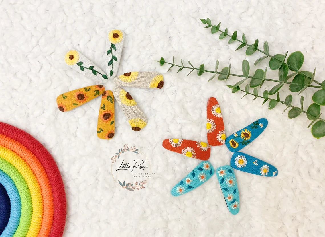 Embroidered Tear-drop-shape Floral Hair Clip | Sunflower and Daisy Collection