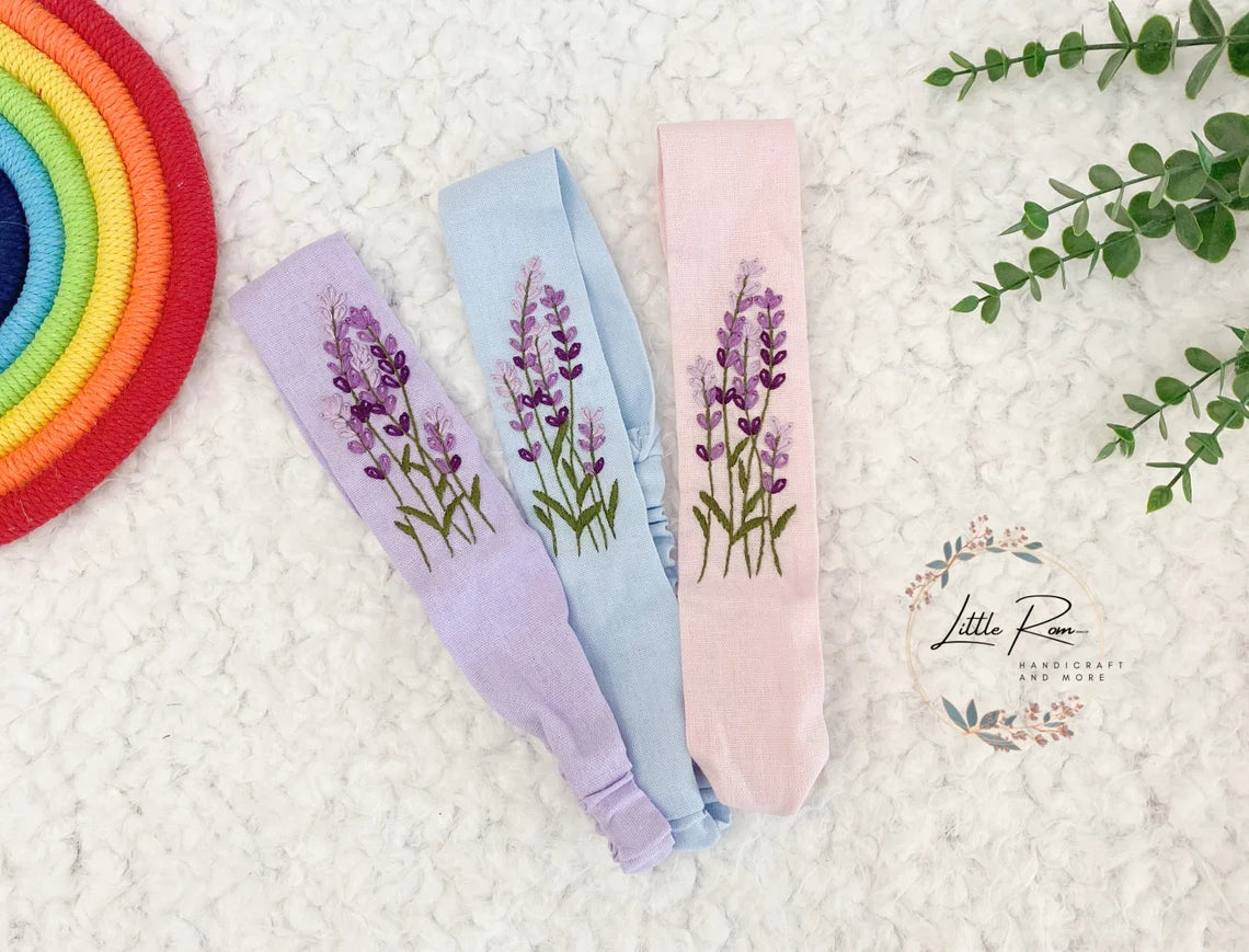 Hand-embroidered Floral Headband and Turban - 2 PCS set | Daisy, Lavender Patterns