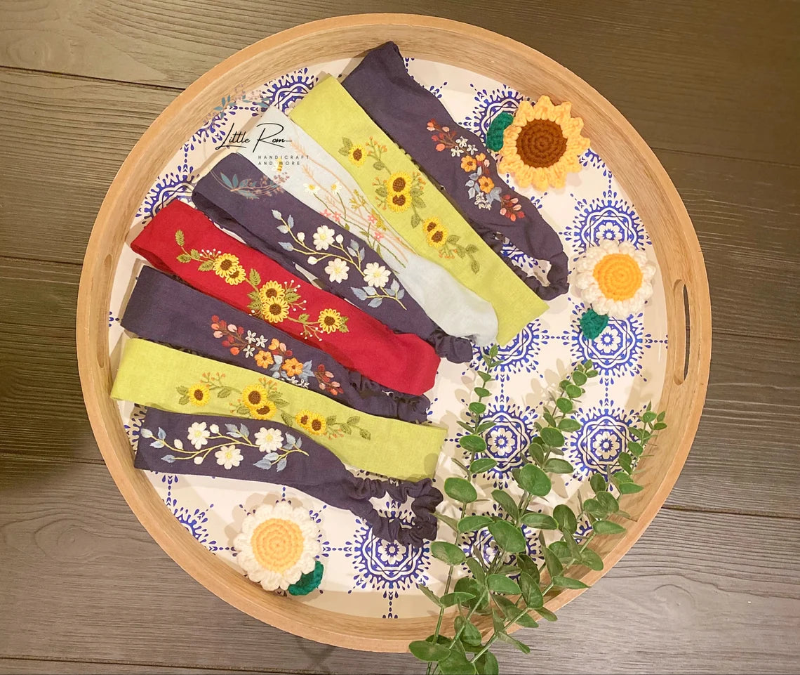 Floral Hand-embroidered Linen Turbans | White Flower, Sun Flower, Apricot Flower, Wild Flower
