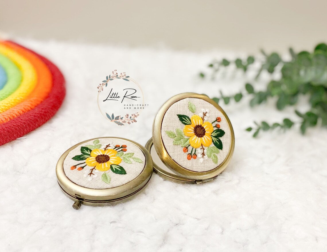 Cute Vintage Embroidered Floral Compact Mirrors | Sun Flower and Daisy Collection