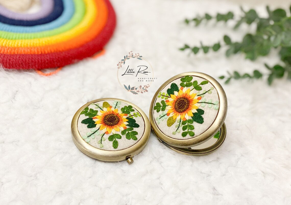 Cute Vintage Embroidered Floral Compact Mirrors | Sun Flower and Daisy Collection