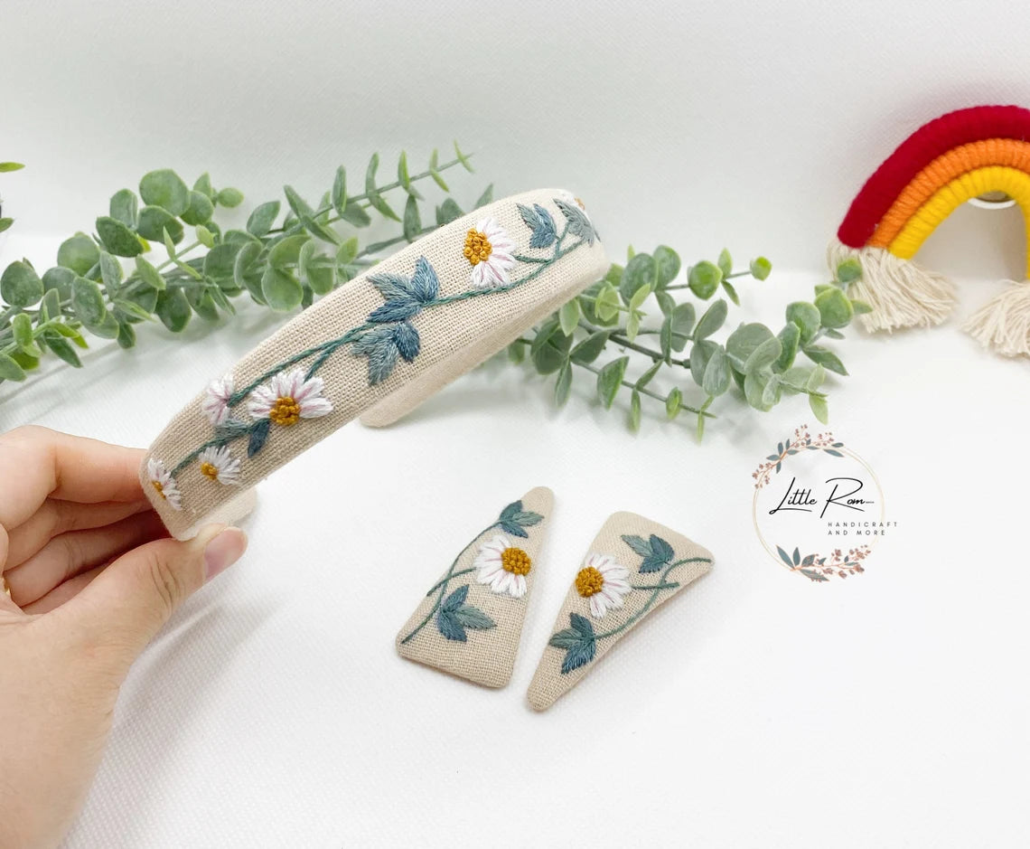 3 PCS Hand-embroidered Floral Headband and Hair Clip Set - Anna, Belle, Camile, Daisy Pattern - Summer Collection 1