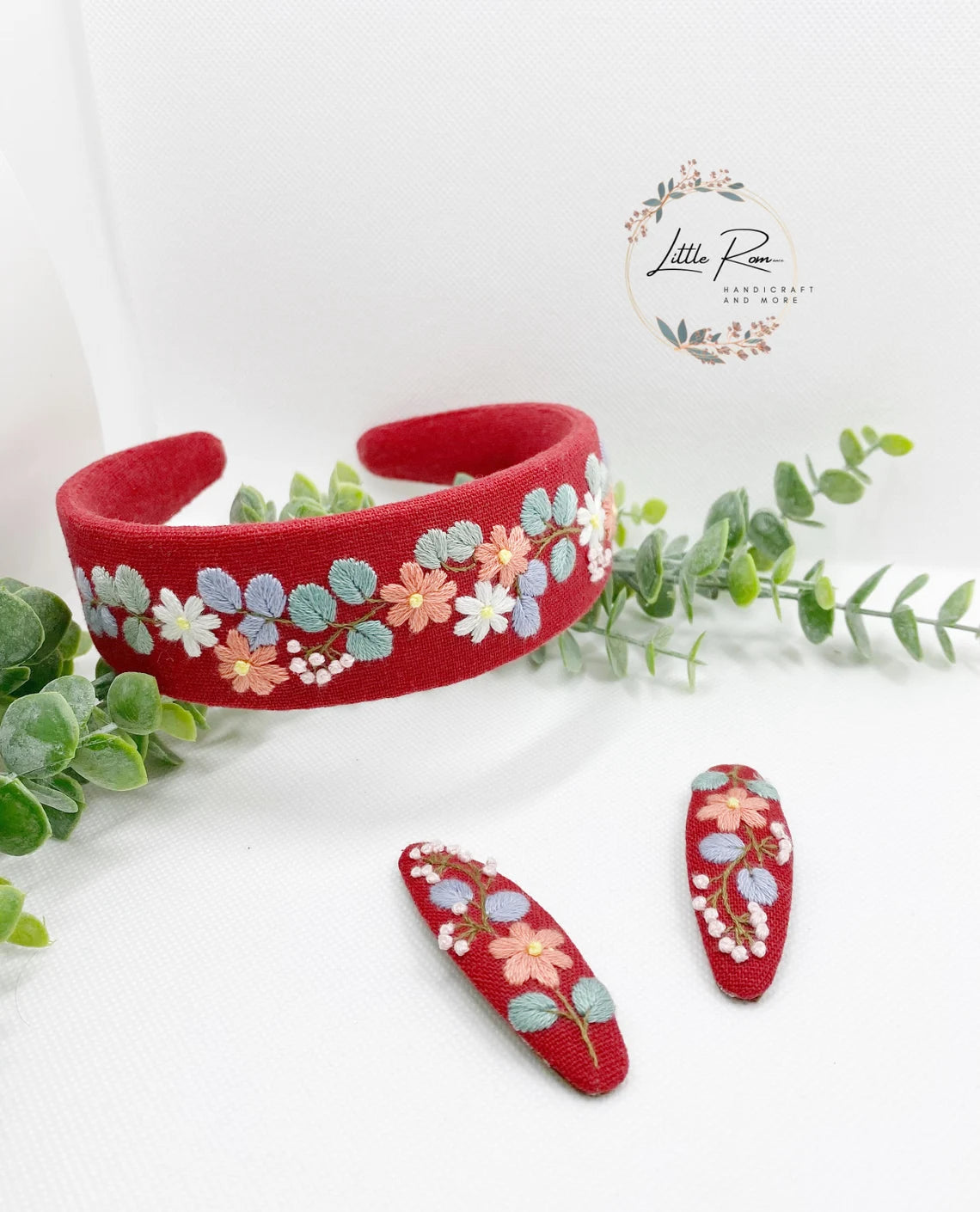 3 Pcs. Hand-embroidered Floral Headband and Hair Clip Set | Summer Collection 2