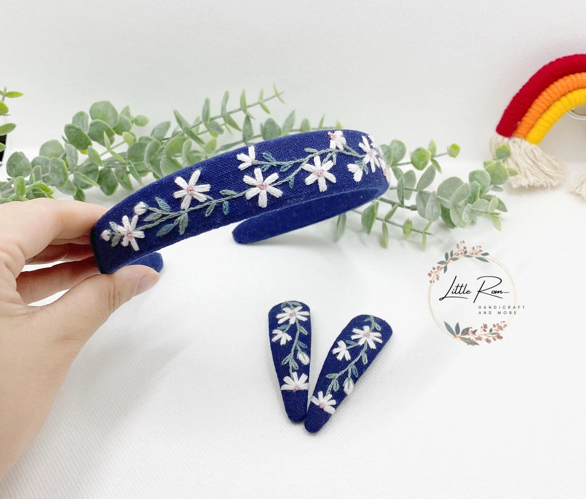 3 PCS Hand-embroidered Floral Headband and Hair Clip Set - Anna, Belle, Camile, Daisy Pattern - Summer Collection 1