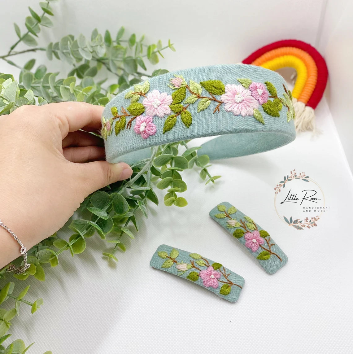 3 Pcs. Hand-embroidered Floral Headband and Hair Clip Set | Summer Collection 2