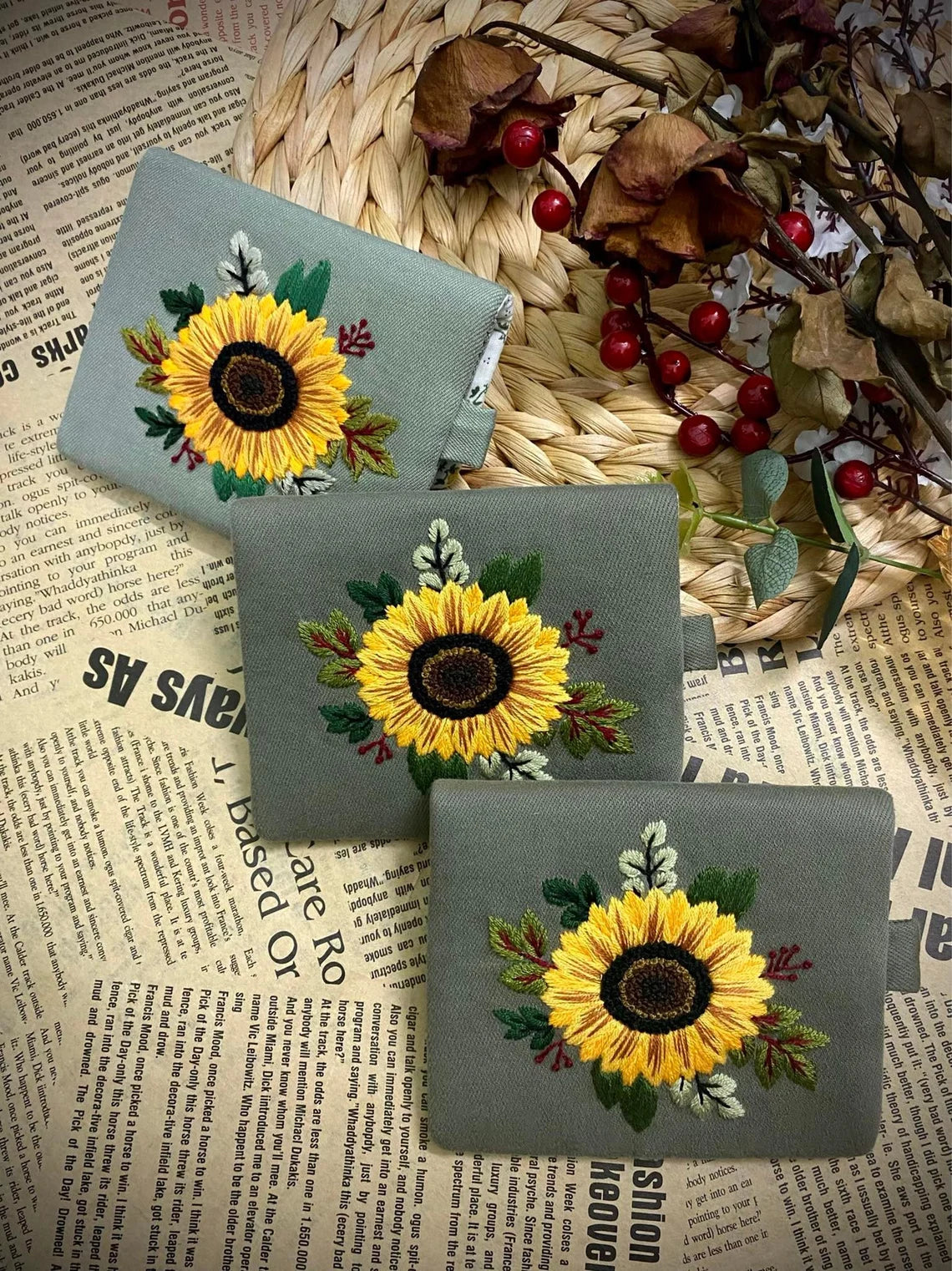 Hand-embroidered Wallets - Flower Meadow, Sunflower, Daisy Patterns