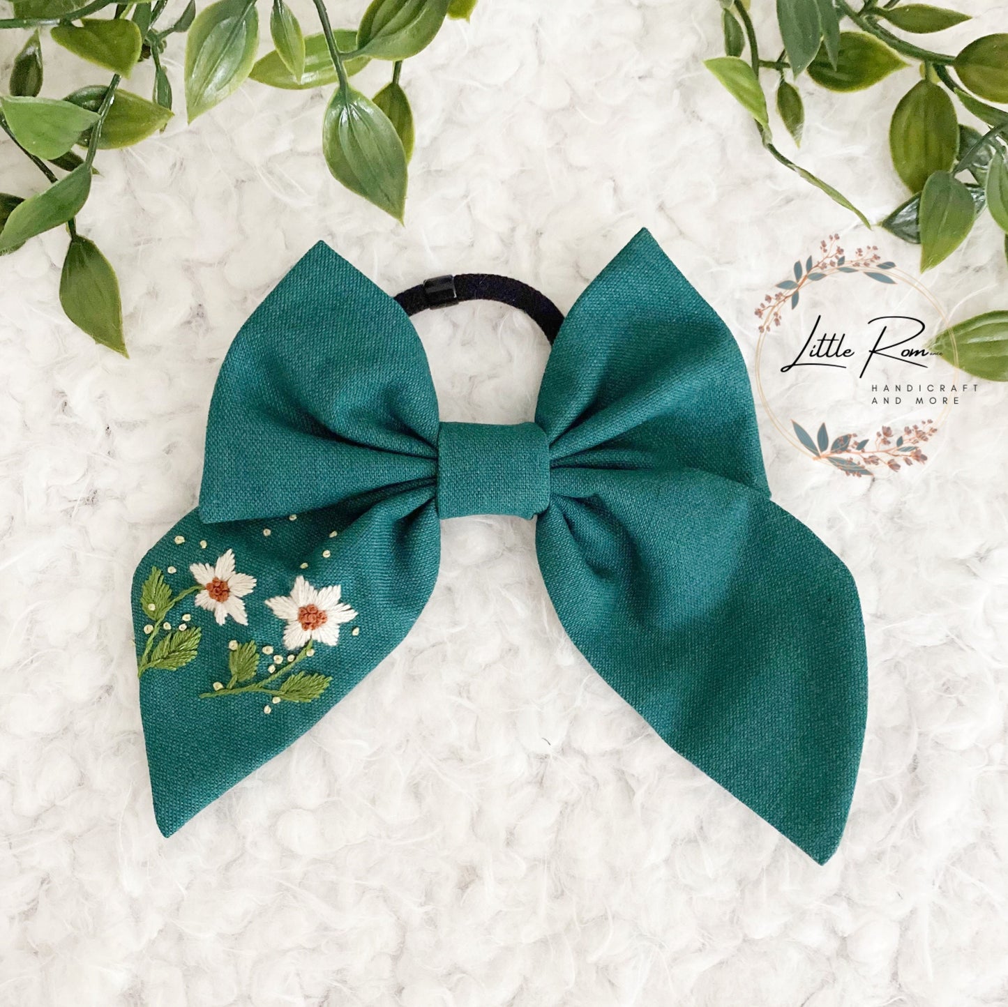 Embroidered Hair Bow Tie - Pink, Green