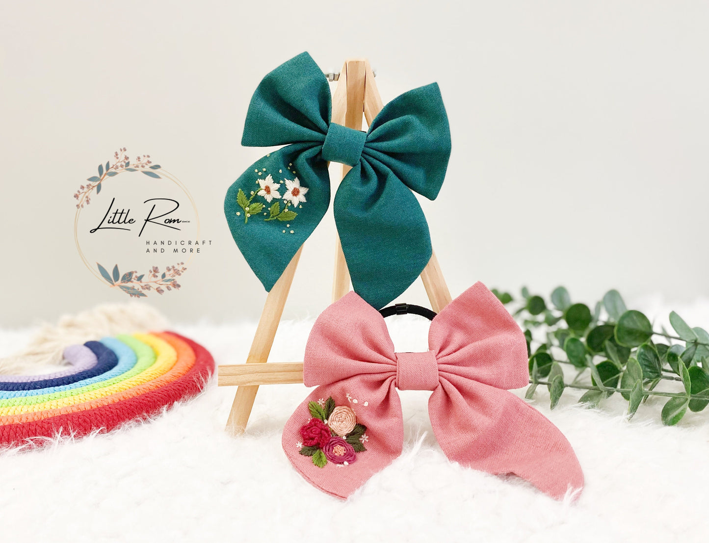 Embroidered Hair Bow Tie - Pink, Green