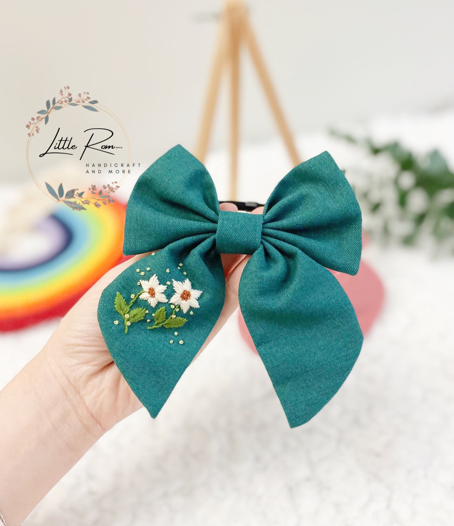 Embroidered Hair Bow Tie - Pink, Green