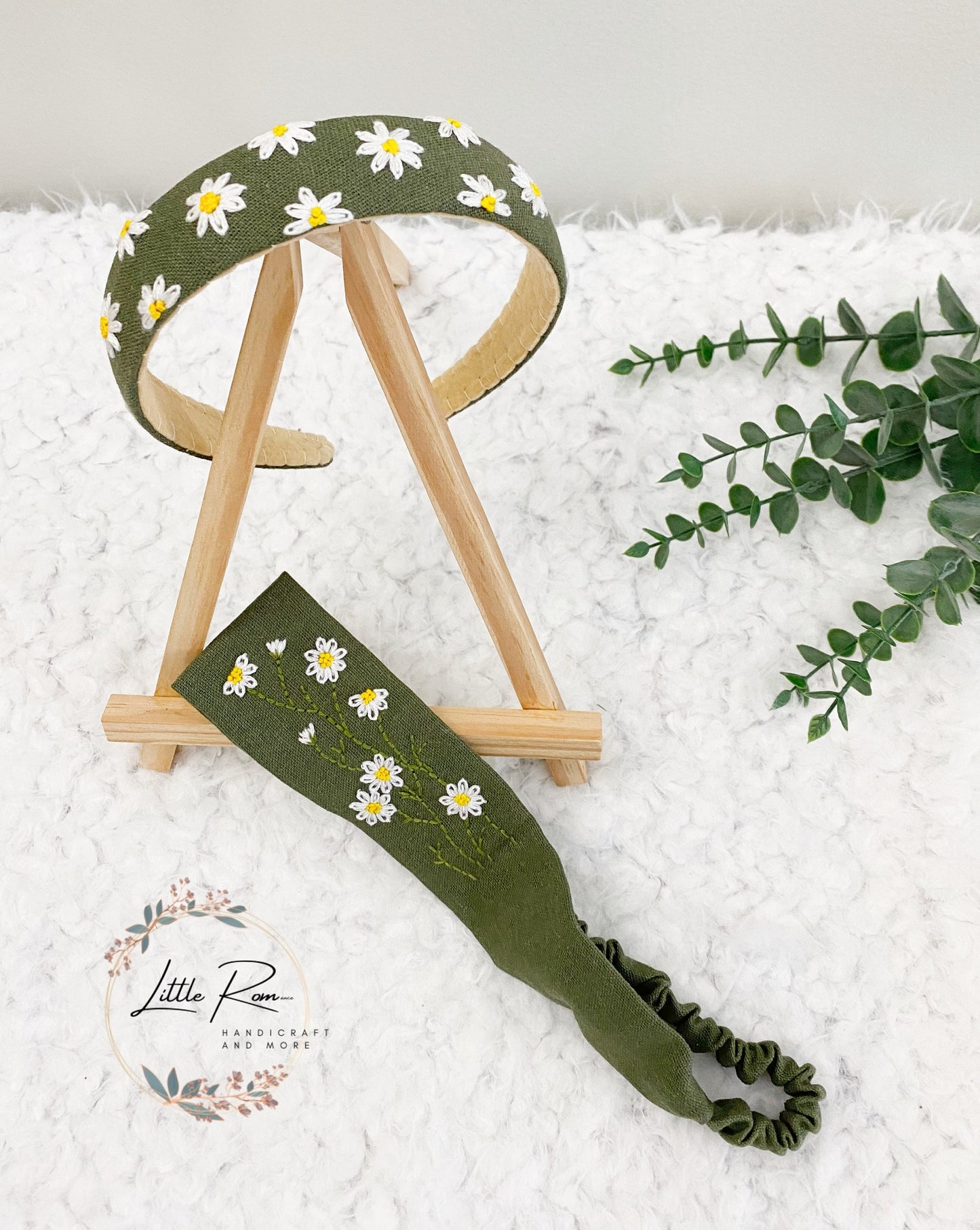 Hand-embroidered Floral Headband and Turban - 2 PCS set | Daisy, Lavender Patterns