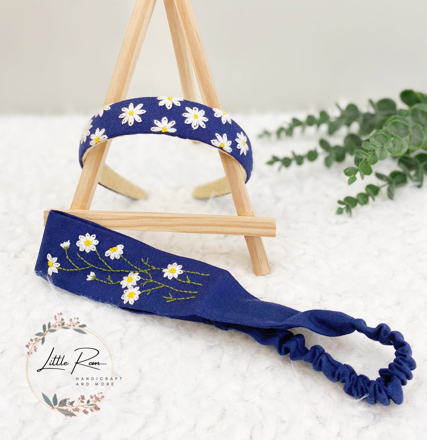 Hand-embroidered Floral Headband and Turban - 2 PCS set | Daisy, Lavender Patterns