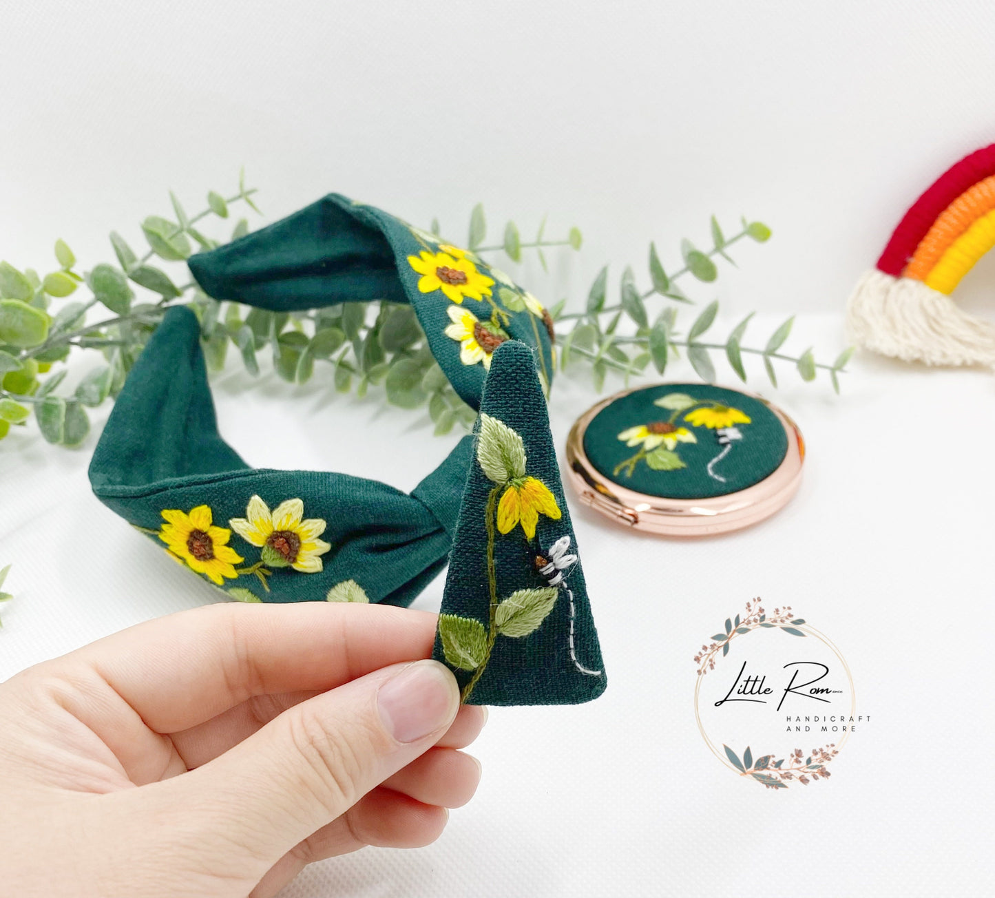 3 Pcs. Hand-embroidered Sun flower Headband, Mirror and Hair Clip Set