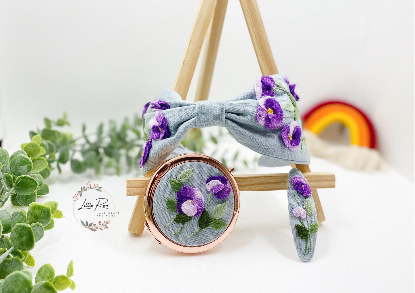 3 Pcs. Hand-embroidered Pansy Flower Headband, Mirror and Hair Clip Set