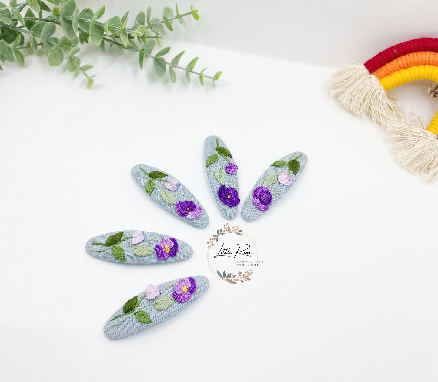 3 Pcs. Hand-embroidered Pansy Flower Headband, Mirror and Hair Clip Set