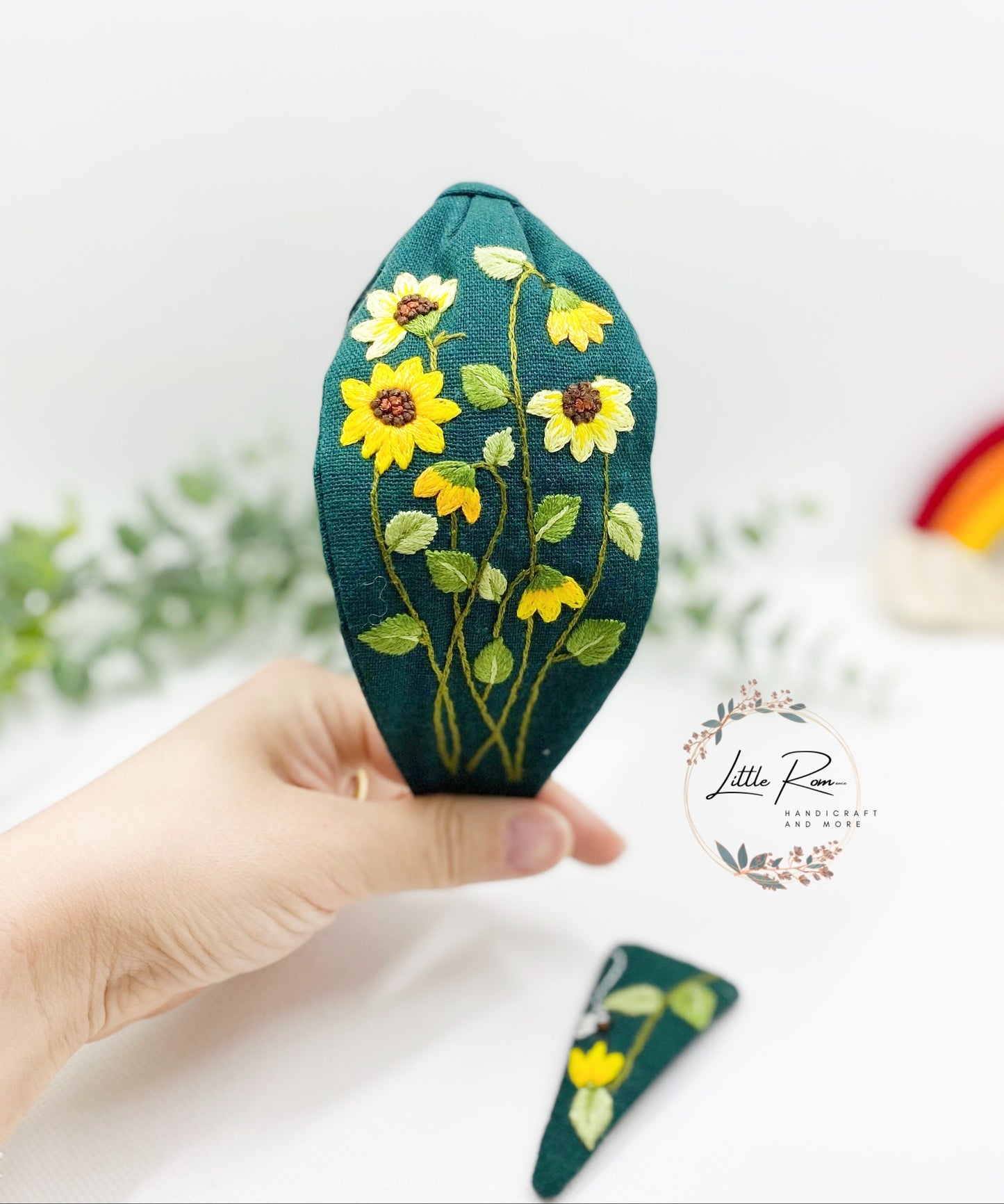 3 Pcs. Hand-embroidered Sun flower Headband, Mirror and Hair Clip Set