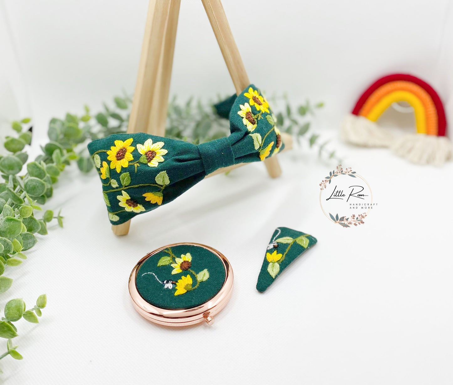 3 Pcs. Hand-embroidered Sun flower Headband, Mirror and Hair Clip Set