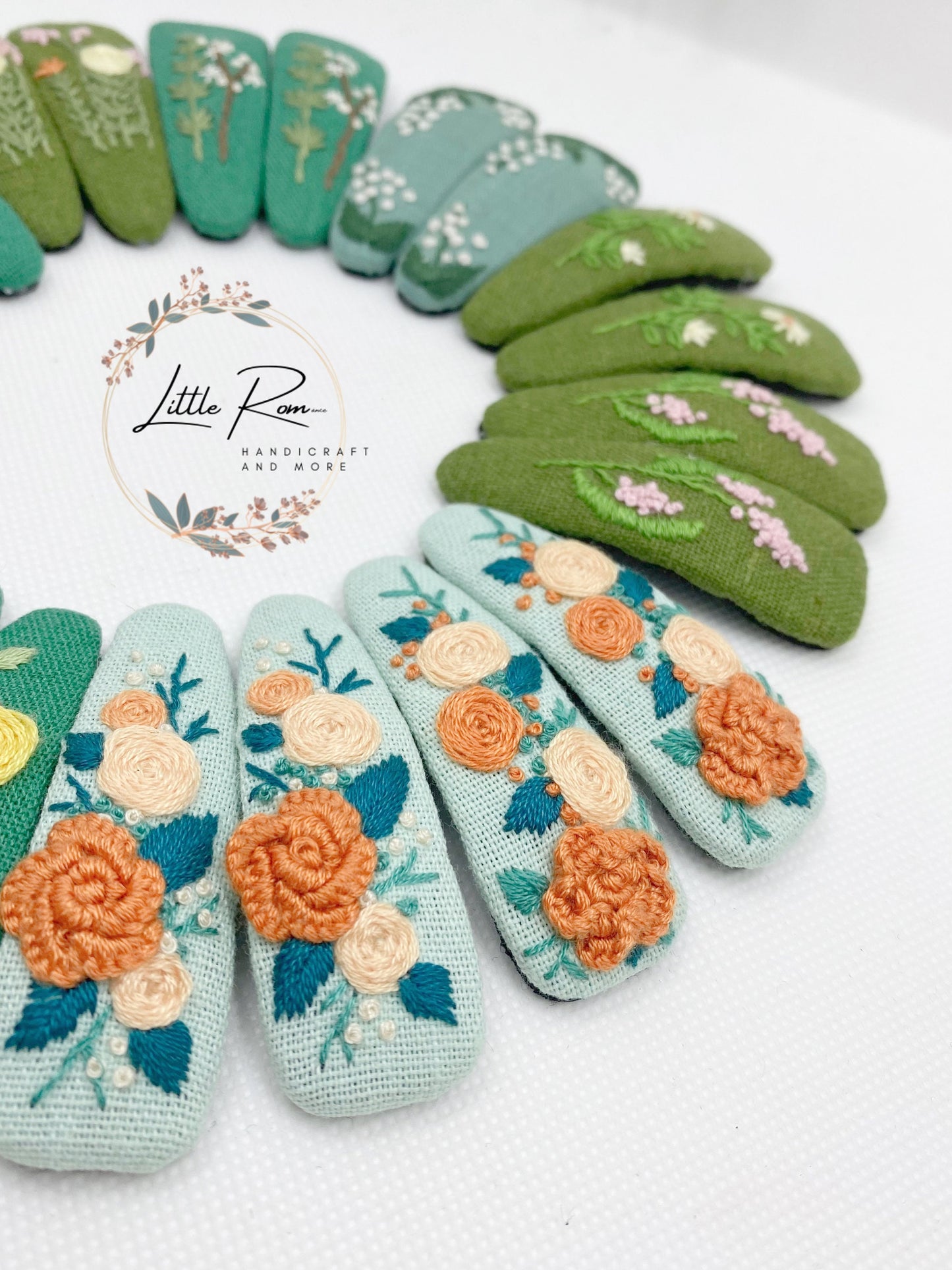 Hand-embroidered Rectangle Hair Clips | 11 Shades of Green