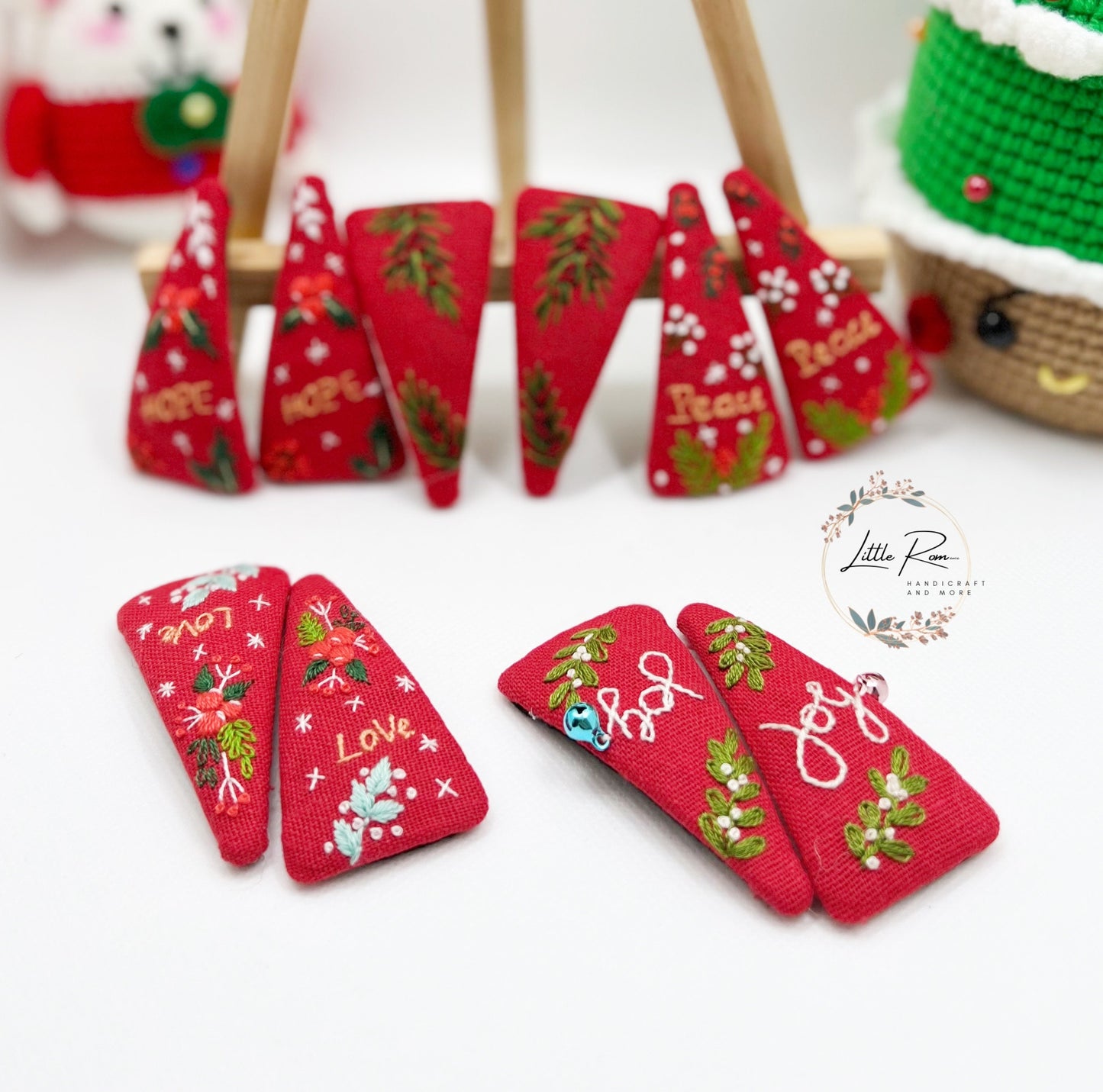 Christmas Themed Embroidered Triangle Hair Clips | Floral Collection 2
