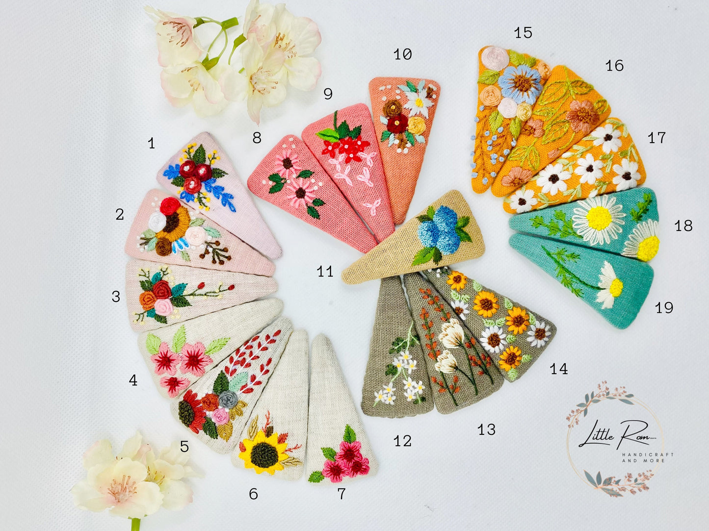 Hand-embroidered Triangle Hair Clip - Various Adorable Floral Patterns