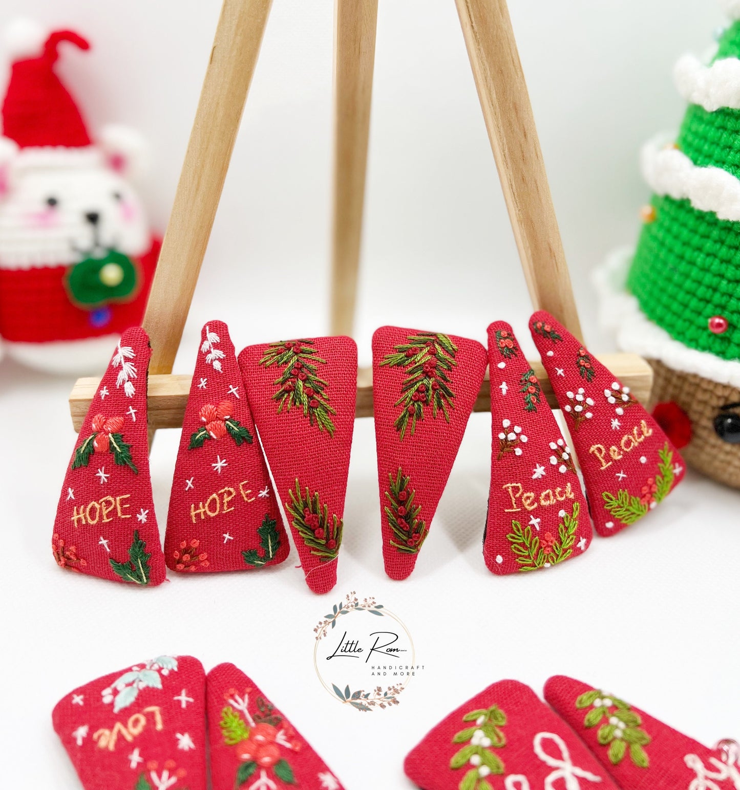 Christmas Themed Embroidered Triangle Hair Clips | Floral Collection 2