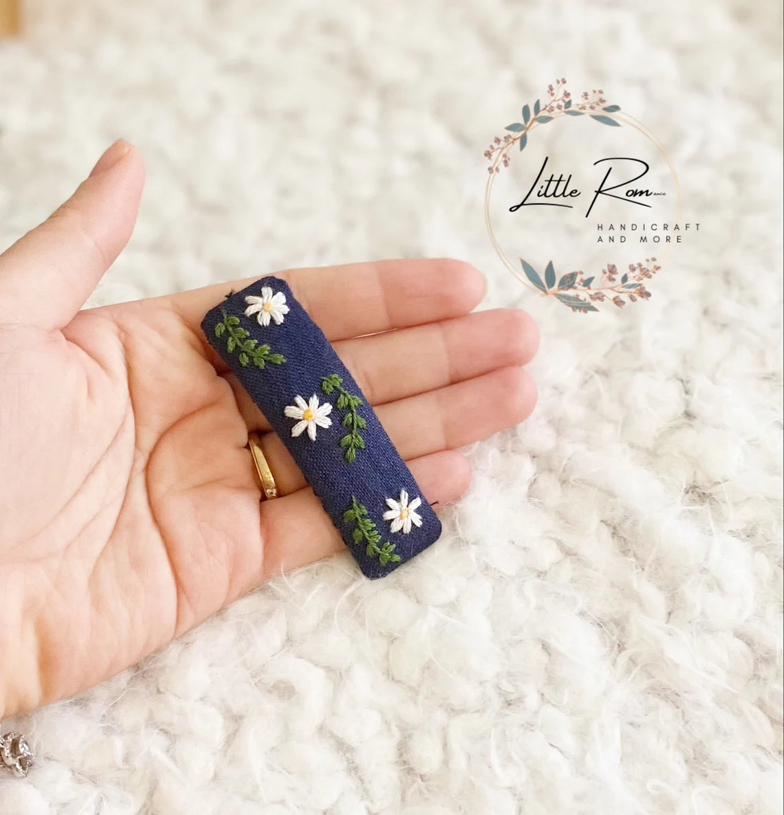 Hand-embroidered Rectangular Hair Clip | Strawberry and Daisy