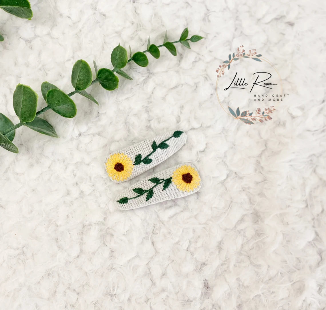 Embroidered Tear-drop-shape Floral Hair Clip | Sunflower and Daisy Collection