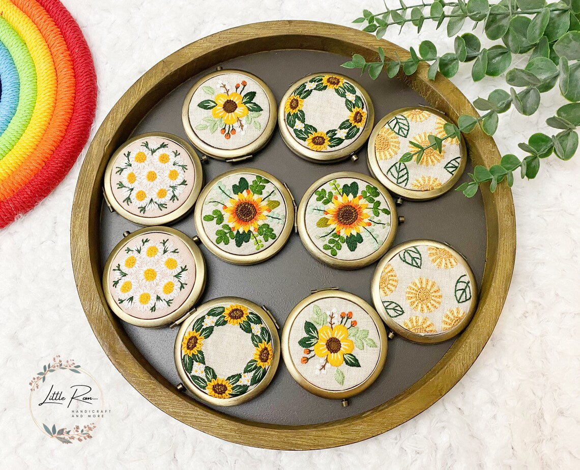 Cute Vintage Embroidered Floral Compact Mirrors | Sun Flower and Daisy Collection