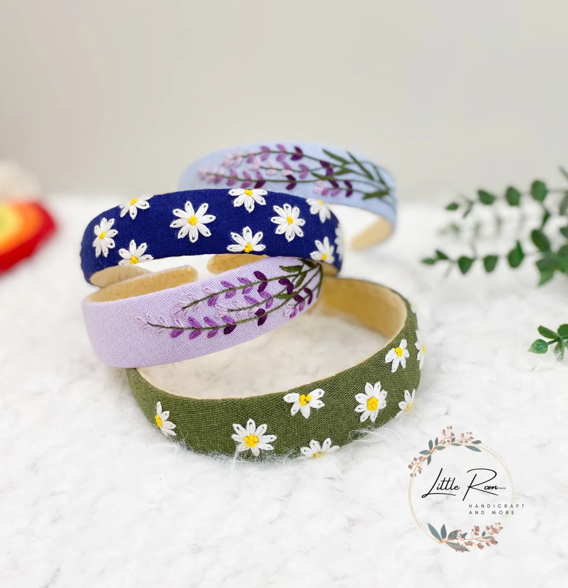 Hand-embroidered Floral Headband and Turban - 2 PCS set | Daisy, Lavender Patterns