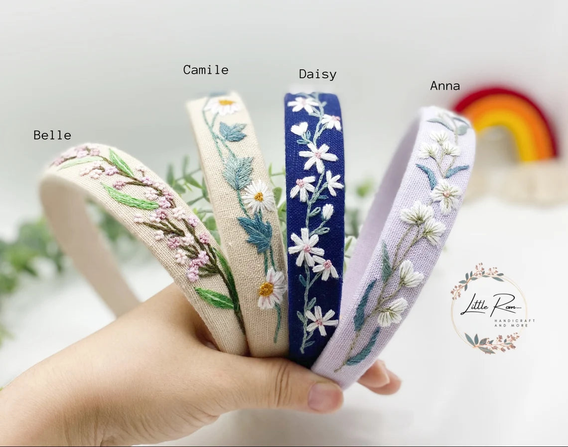 3 PCS Hand-embroidered Floral Headband and Hair Clip Set - Anna, Belle, Camile, Daisy Pattern - Summer Collection 1