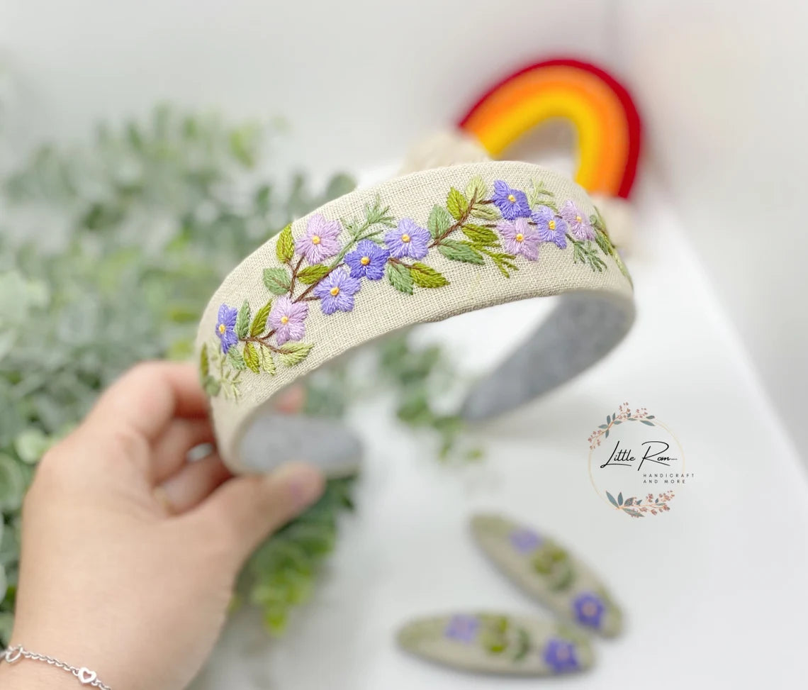 3 Pcs. Hand-embroidered Floral Headband and Hair Clip Set | Summer Collection 2