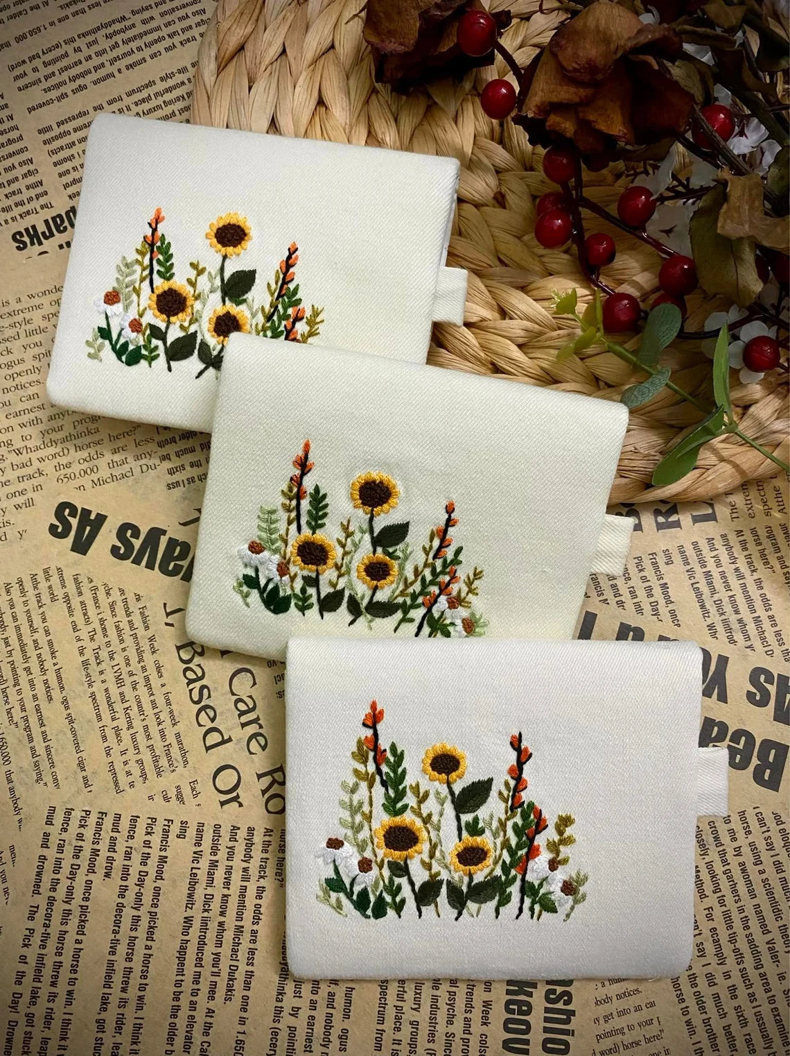 Hand-embroidered Wallets - Flower Meadow, Sunflower, Daisy Patterns