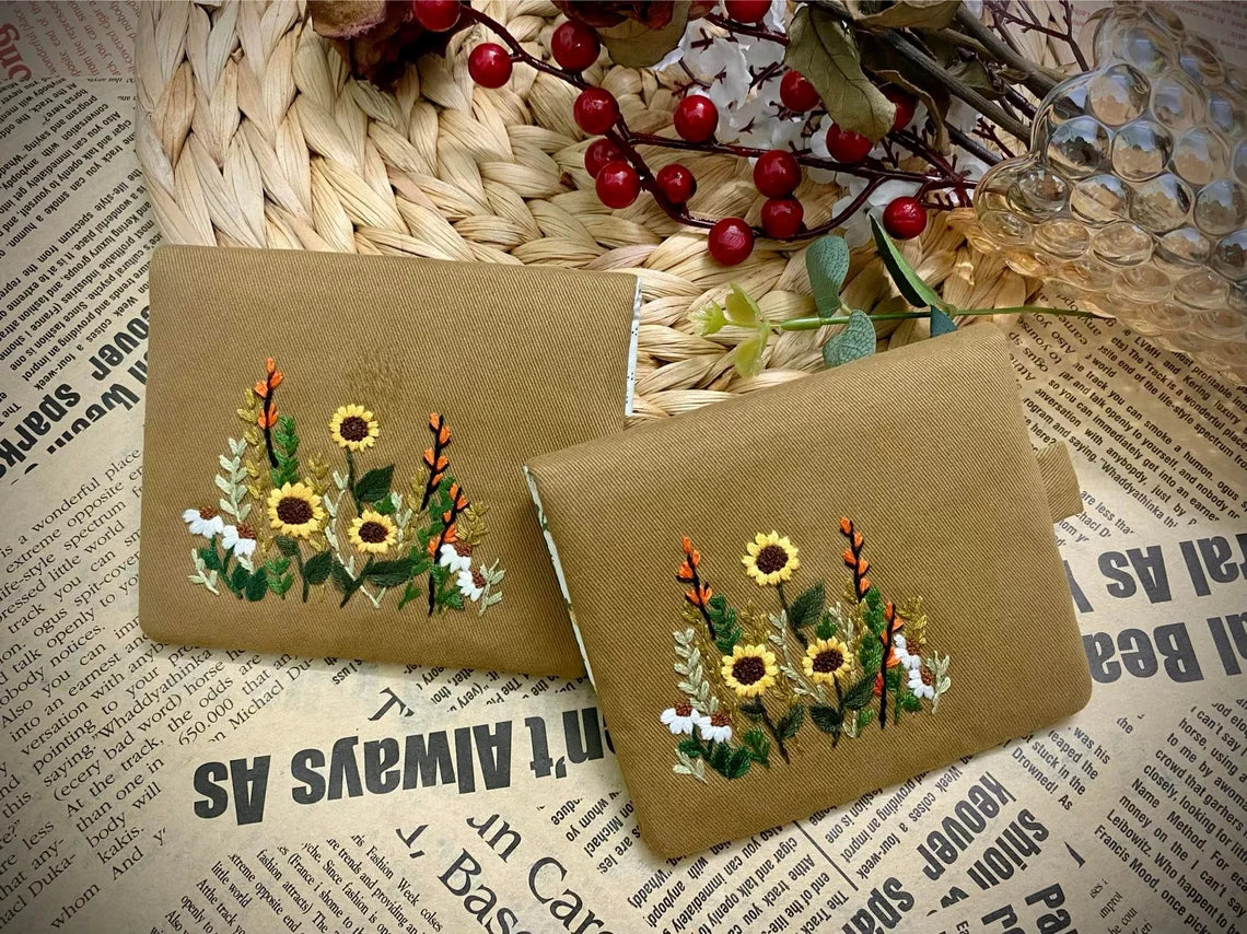 Hand-embroidered Wallets - Flower Meadow, Sunflower, Daisy Patterns