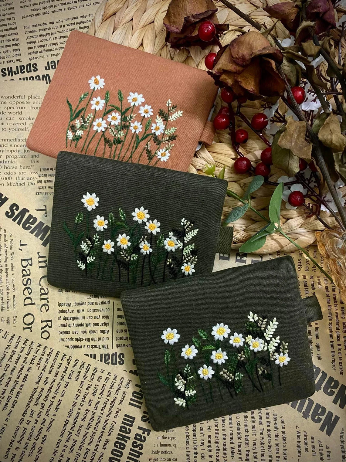 Hand-embroidered Wallets - Flower Meadow, Sunflower, Daisy Patterns