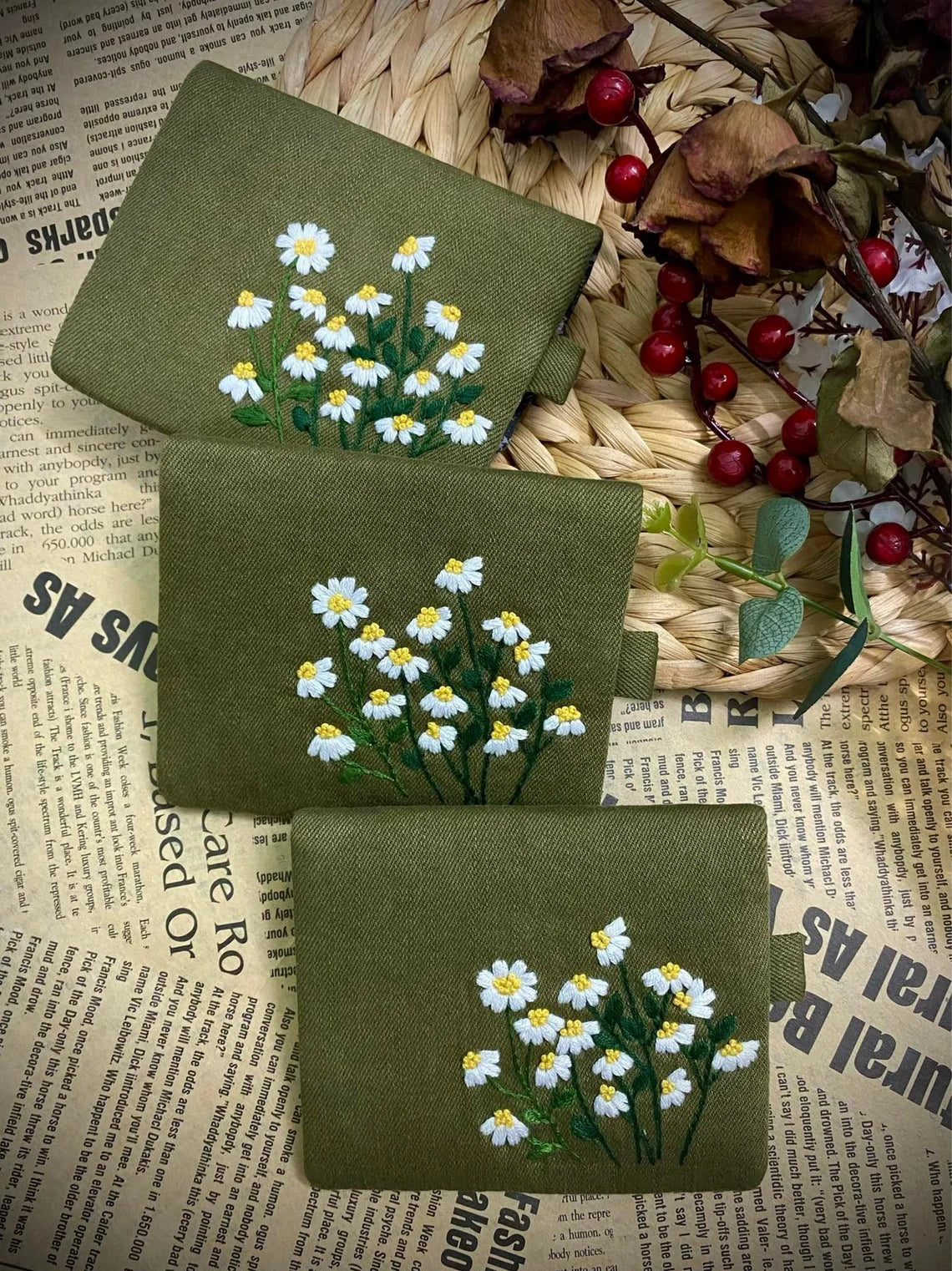 Hand-embroidered Wallets - Flower Meadow, Sunflower, Daisy Patterns