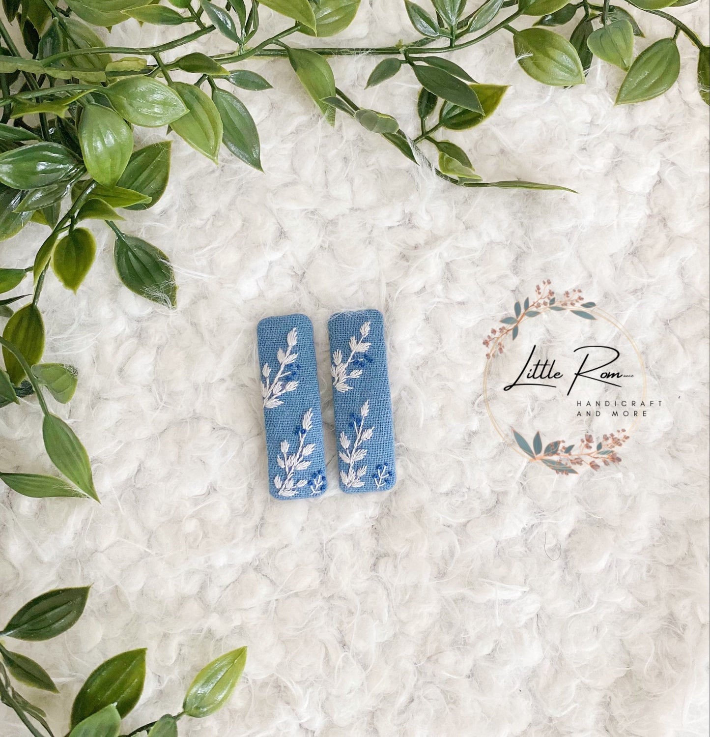 Hand-embroidered Rectangular Hair Clip | Hydrangea, Blossoms, Blue Sky | Floral Collection 3