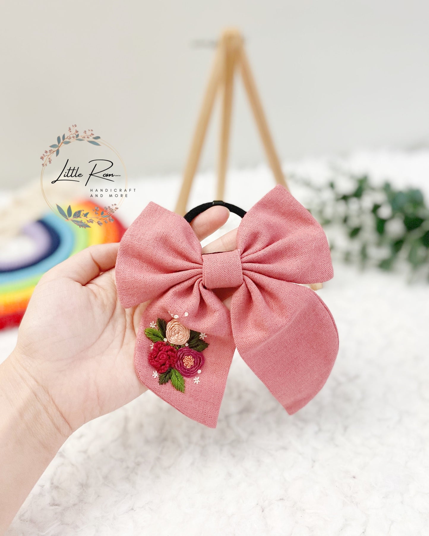 Embroidered Hair Bow Tie - Pink, Green