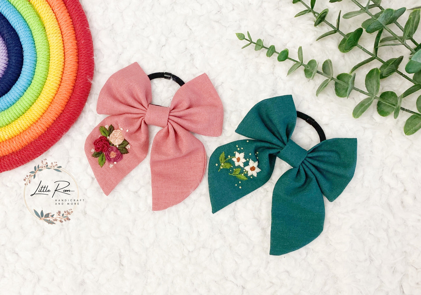 Embroidered Hair Bow Tie - Pink, Green