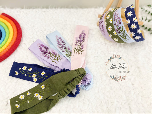Hand-embroidered Floral Headband and Turban - 2 PCS set | Daisy, Lavender Patterns