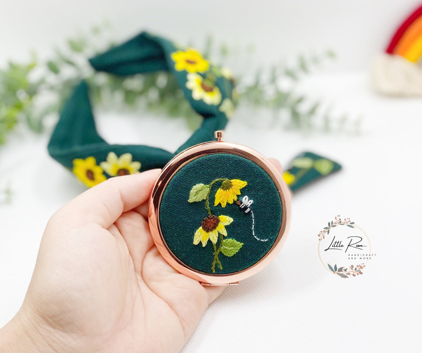 3 Pcs. Hand-embroidered Sun flower Headband, Mirror and Hair Clip Set