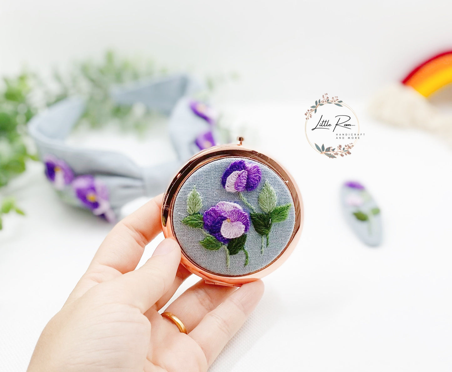 3 Pcs. Hand-embroidered Pansy Flower Headband, Mirror and Hair Clip Set