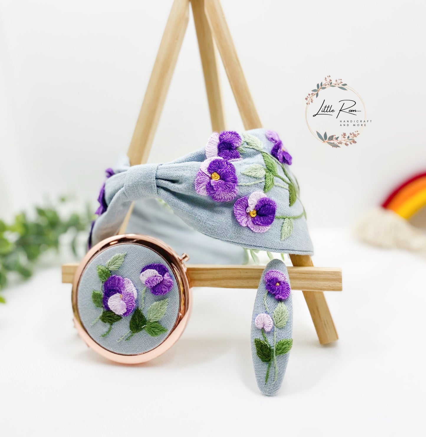 3 Pcs. Hand-embroidered Pansy Flower Headband, Mirror and Hair Clip Set