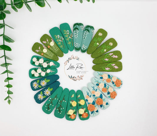 Hand-embroidered Rectangle Hair Clips | 11 Shades of Green
