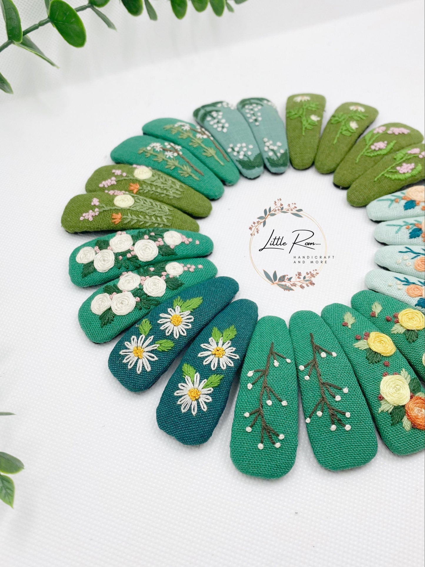 Hand-embroidered Rectangle Hair Clips | 11 Shades of Green