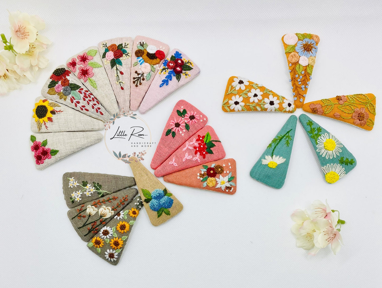 Hand-embroidered Triangle Hair Clip - Various Adorable Floral Patterns