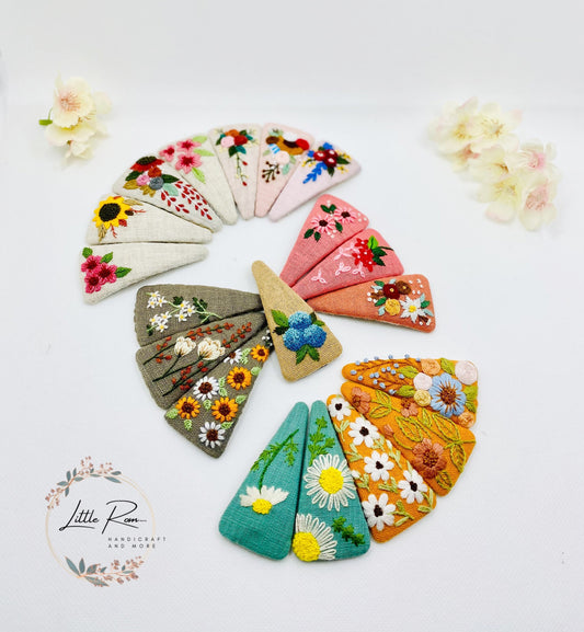 Hand-embroidered Triangle Hair Clip - Various Adorable Floral Patterns